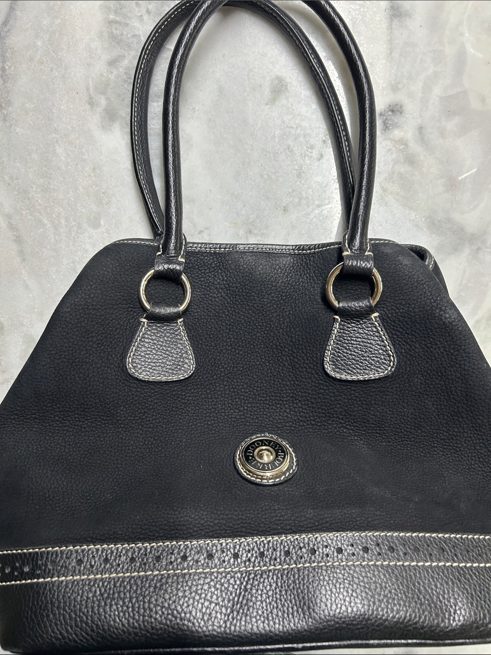 Dooney & Bourke Black Pebbled Leather & suede satchel w/gold~ made in Italy